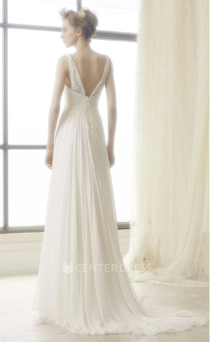 A-Line Sleeveless Floor-Length Lace Square Chiffon Wedding Dress With Low-V Back And Flower