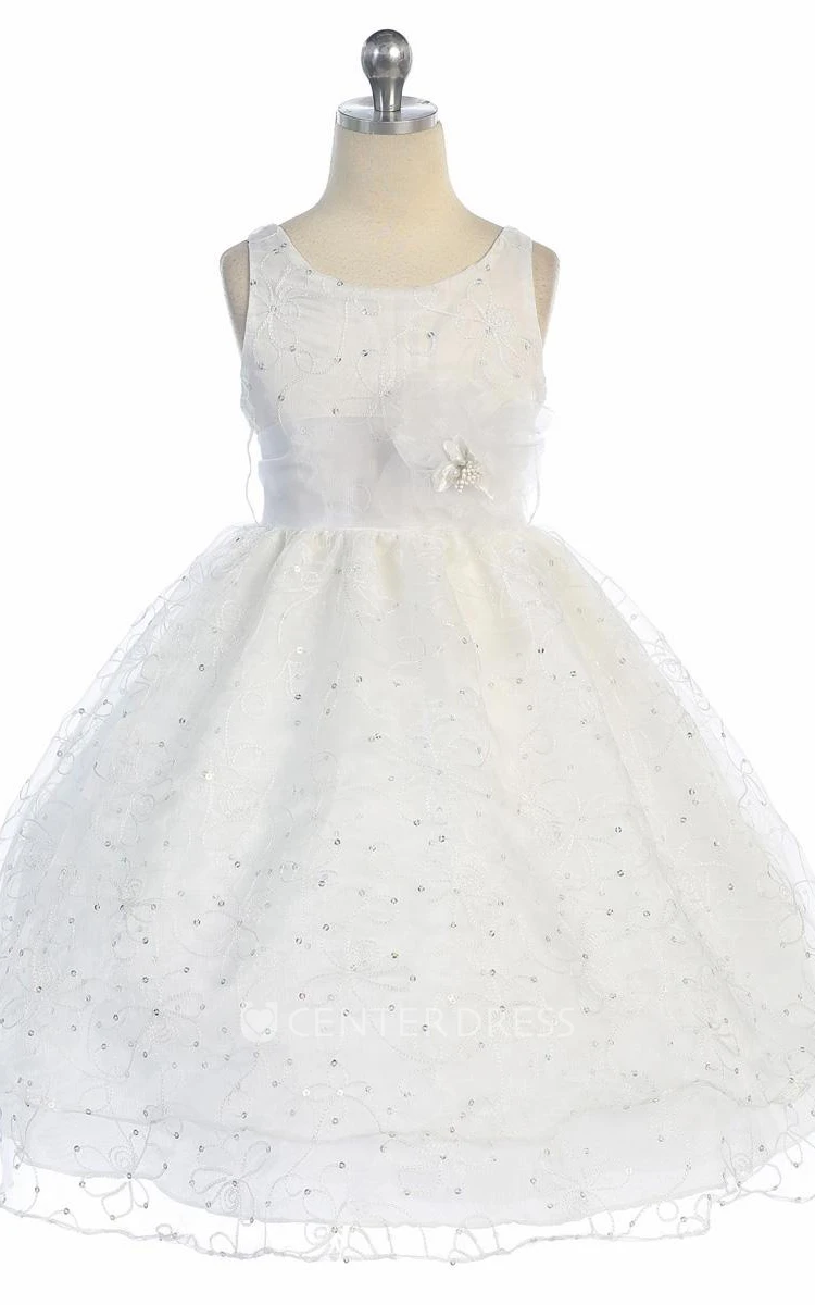 Tea-Length Embroideried Floral Sequins&Organza Flower Girl Dress With Sash