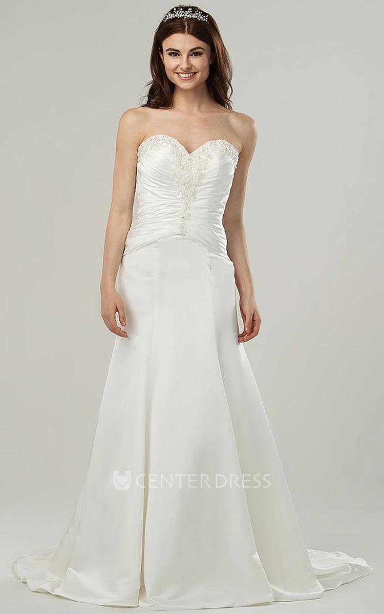 Long Sweetheart Ruched Satin Wedding Dress With Sweep Train And Corset Back