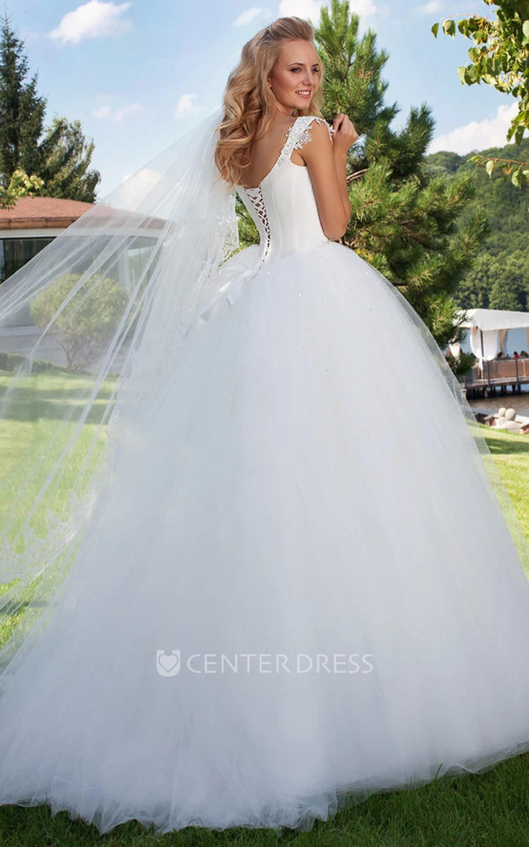 Long Square Beaded Cap-Sleeve Tulle Wedding Dress With Sweep Train And Corset Back