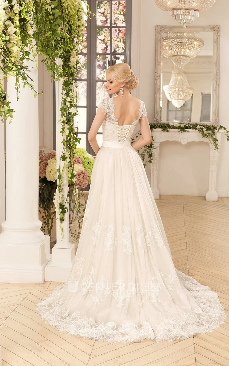 A-Line Floor-Length V-Neck Cap-Sleeve Corset-Back Lace Satin Dress With Appliques And Bow