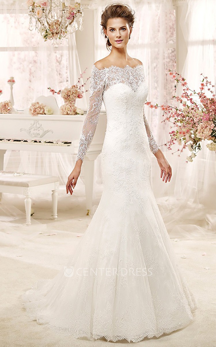 Off-shoulder Sheath Wedding Dress with Long Sleeves and Illusive