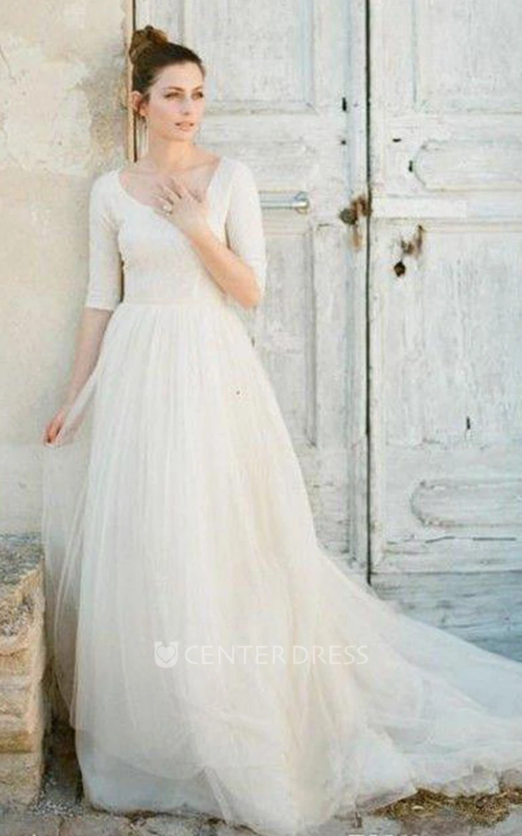 A Line Scoop Lace Tulle Zipper Wedding Gown