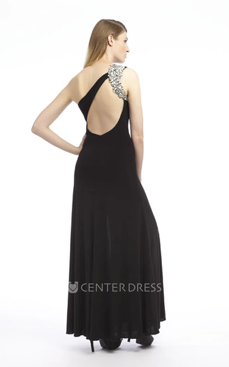 Sheath Sleeveless One-Shoulder Beaded Ankle-Length Chiffon Prom Dress With Split Front And Ruching
