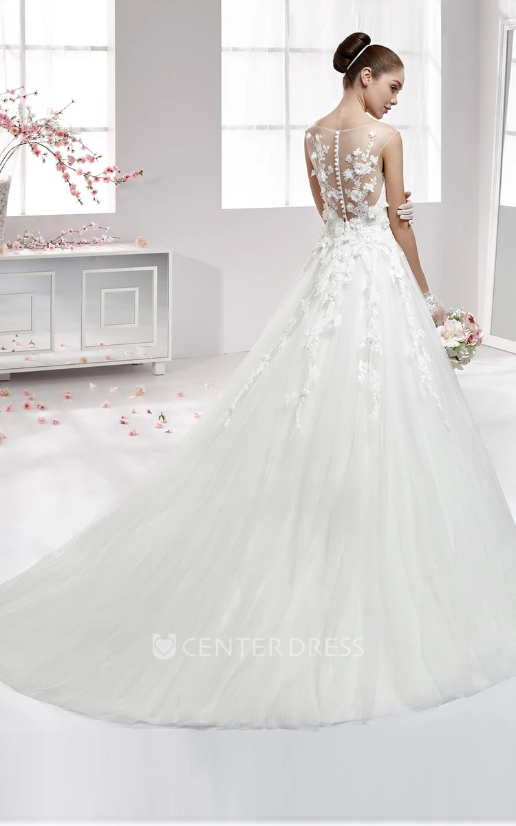Jewel-Neck Lace Appliqued A-Line Gown With Illusive Neckline And Brush Train