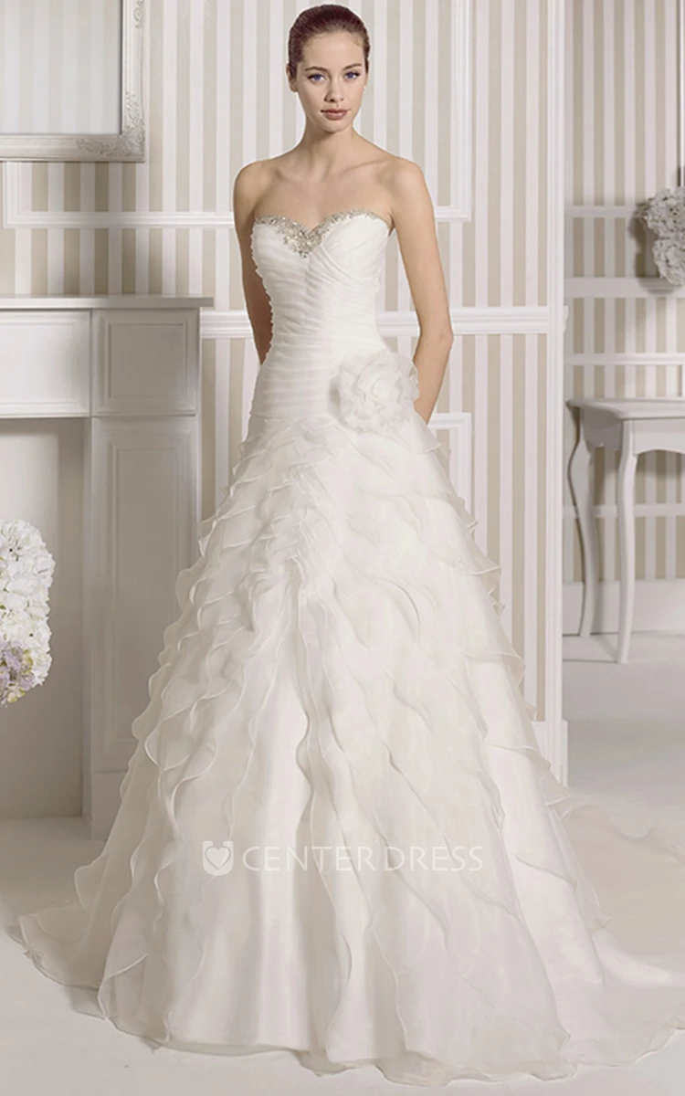 A-Line Tiered Sweetheart Organza Wedding Dress With Beading And Flower