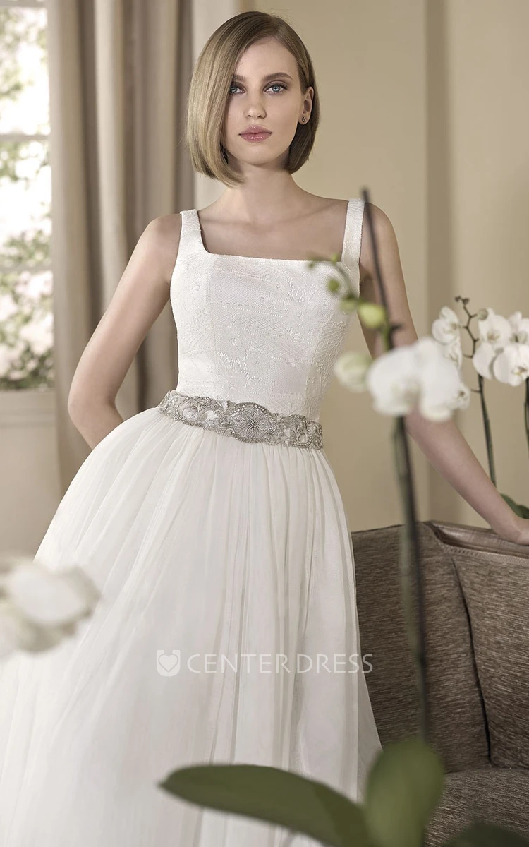 A-Line Jeweled Sleeveless Long Square-Neck Tulle Wedding Dress With Pleats