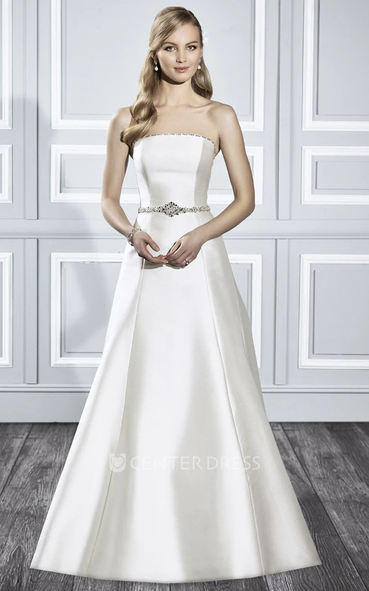 A-Line Jeweled Sleeveless Floor-Length Strapless Satin Wedding Dress With Sweep Train And Backless Style
