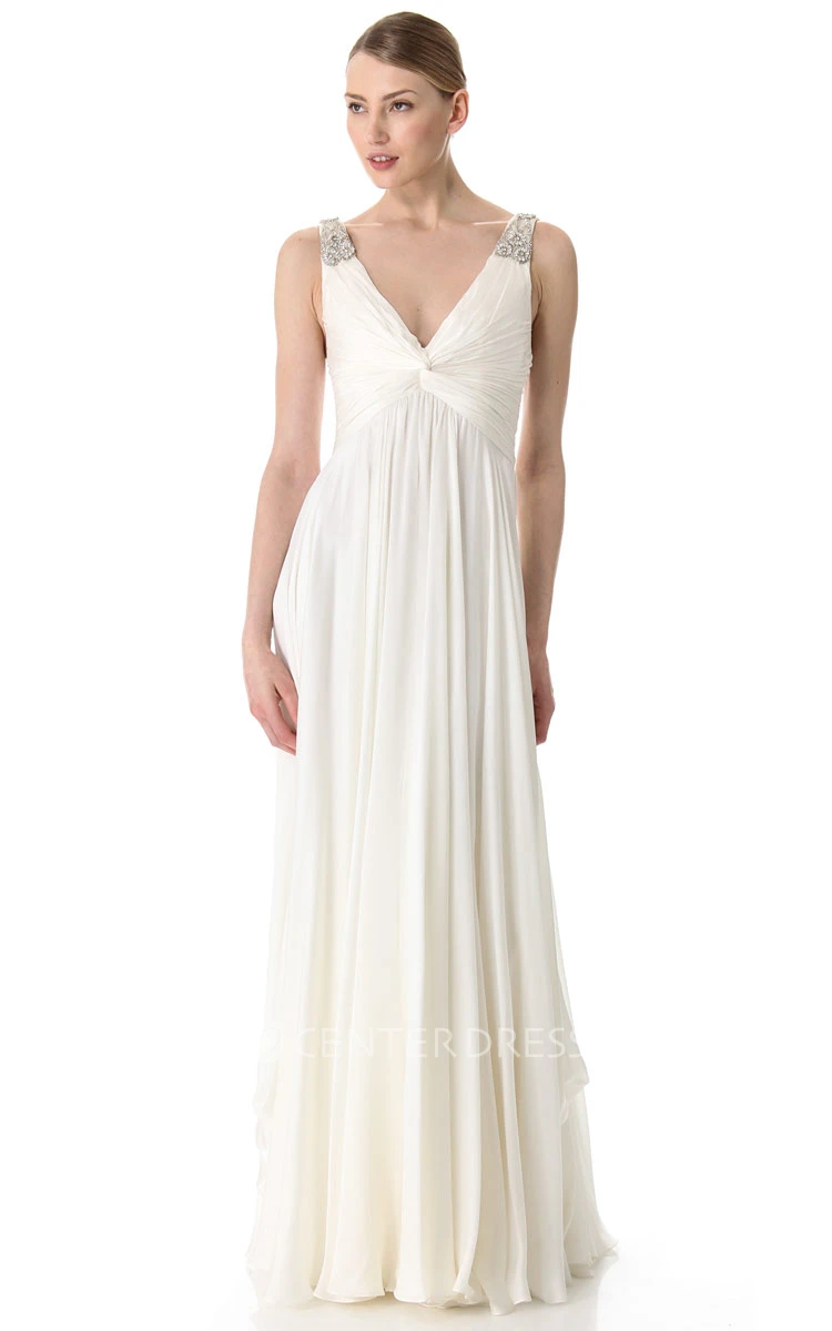 Grecian Deep-V Neckline Empire Chiffon Floor-length Dress With Broad Straps