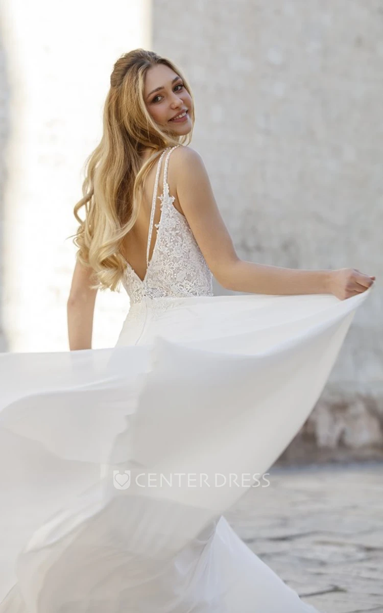 Sheath Deep V-neck Lace Sexy Floor-length Wedding Dress with Brush Train