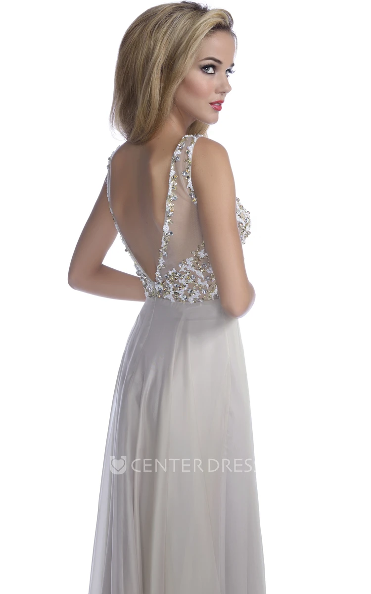 Sleeveless A-Line Chiffon Long Prom Dress With Sequined Bodice And Deep V-Back