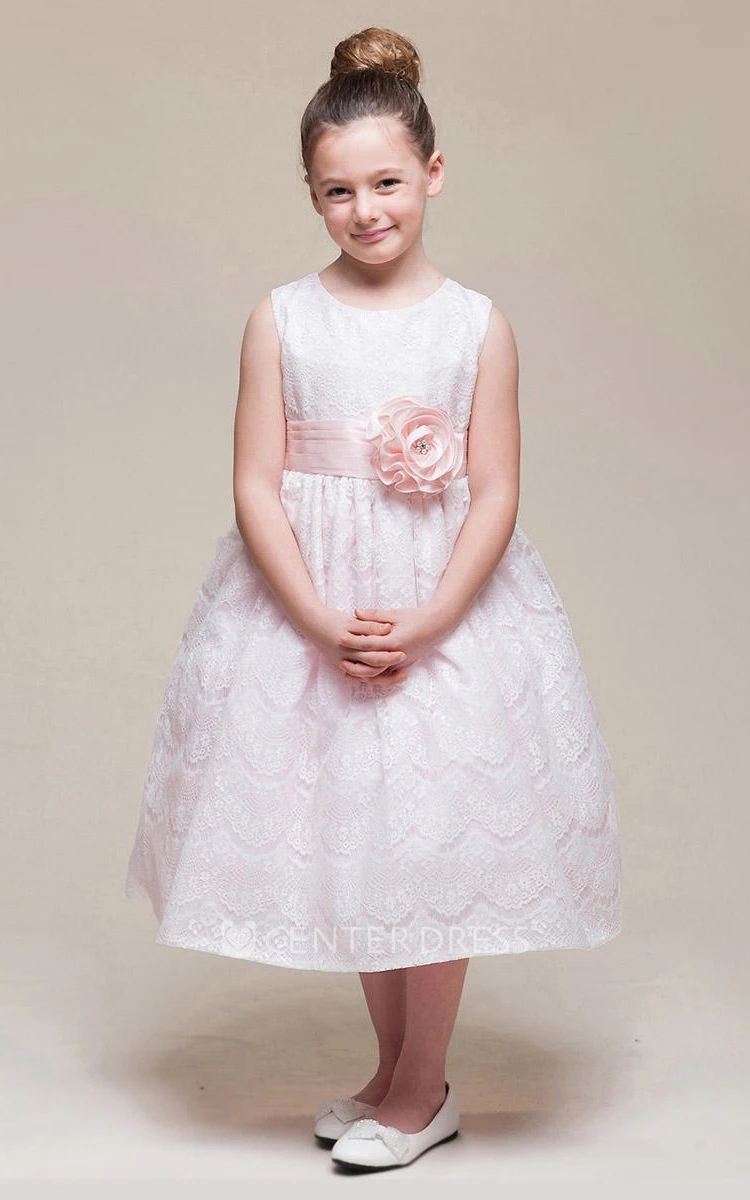 Tea-Length Floral Beaded Lace Flower Girl Dress With Ribbon