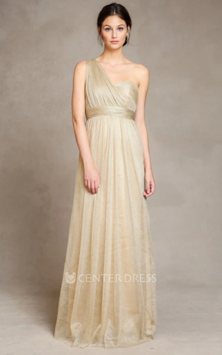 Sleeveless Bowed Empire V-Neck Tulle Bridesmaid Dress With Draping And Straps
