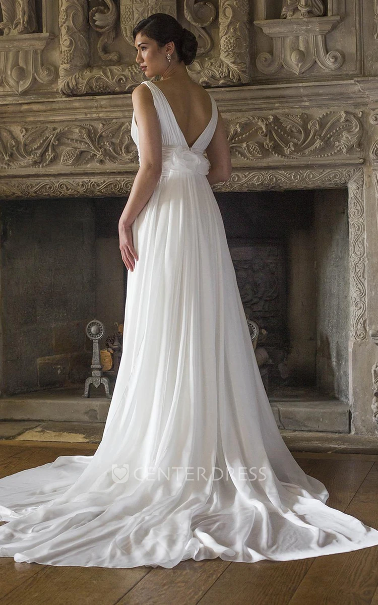 A-Line V-Neck Ruched Sleeveless Floor-Length Chiffon Wedding Dress With Pleats And Flower