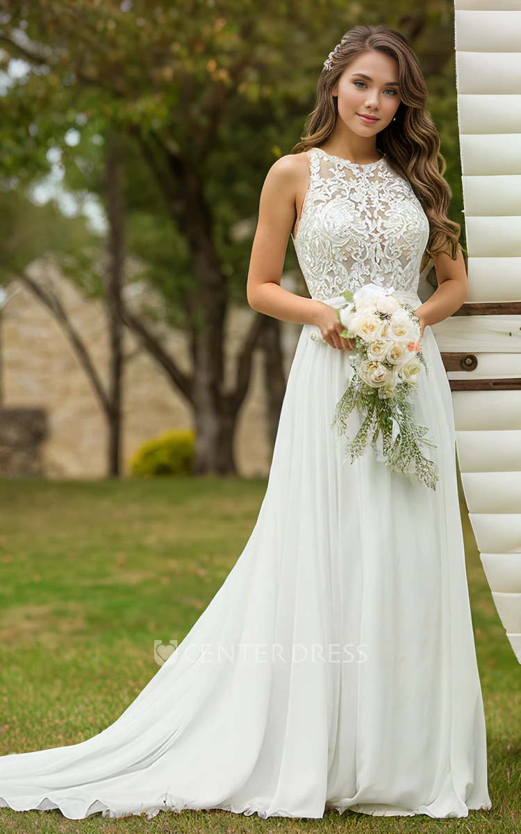 Elegant Bohemian A-Line Lace Scoop Wedding Dress Simple Minimalist Chiffon Bodice Bridal Gown with Button Back