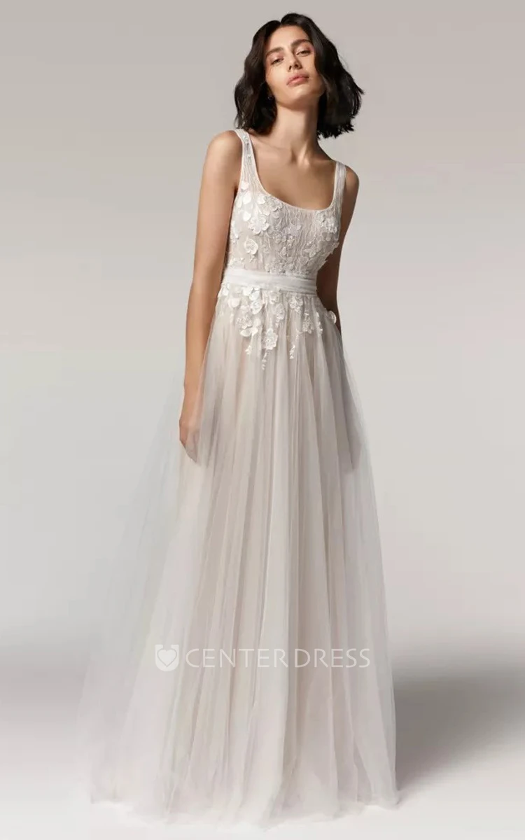 Simple Scoop Neckline Tulle Open back A Line Wedding Dress with Appliques