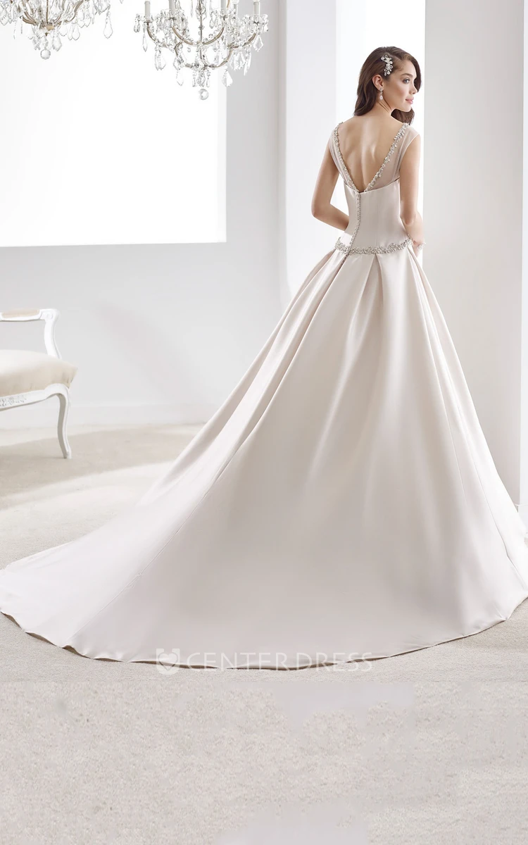 A-Line Satin Wedding Dress With Beaded Belt And Neckline And V Back