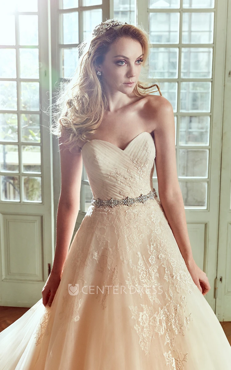 Sweetheart A-Line Gown With Beaded Belt And Pleated Bodice