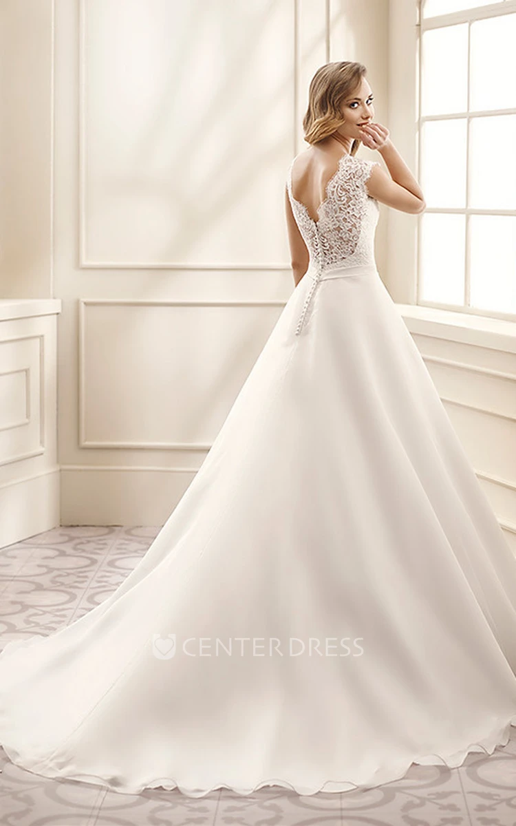 A-Line Cap-Sleeve V-Neck Jeweled Floor-Length Chiffon&Lace Wedding Dress With Appliques And V Back