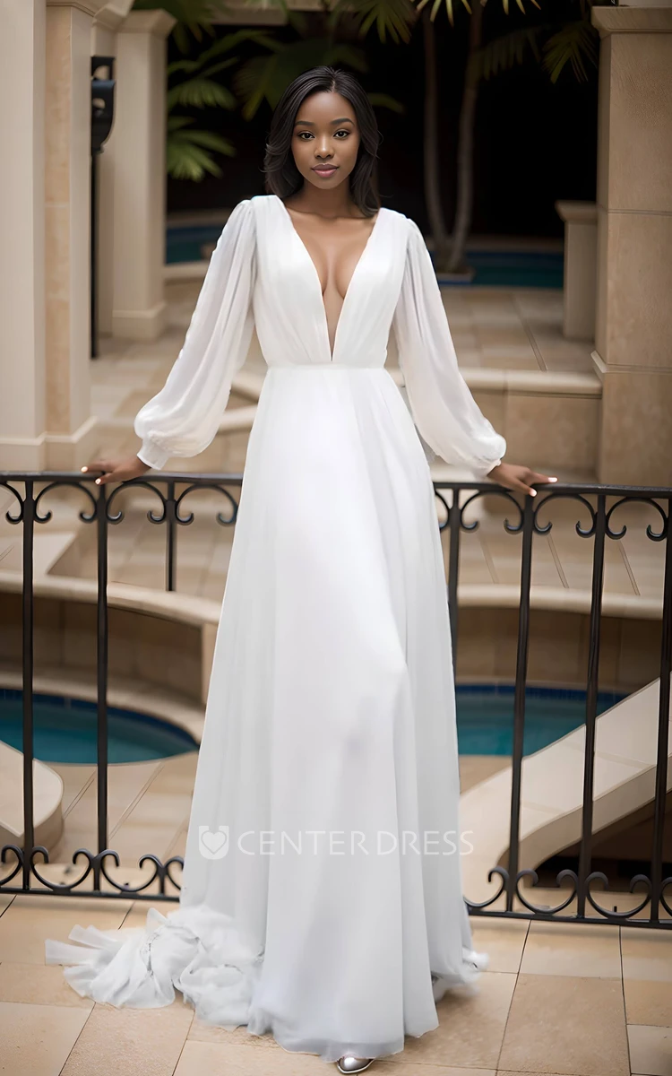 Sexy Solid A-Line Balloon Long Sleeve Floor-length Chiffon Wedding Dress Vintage Elegant Pleats Plunging V-Neck Bridal Gown with V Back Train Sash