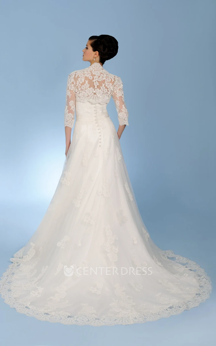 A-Line Floor-Length Strapless Caped 3-4-Sleeve Lace Wedding Dress With Appliques And Flower