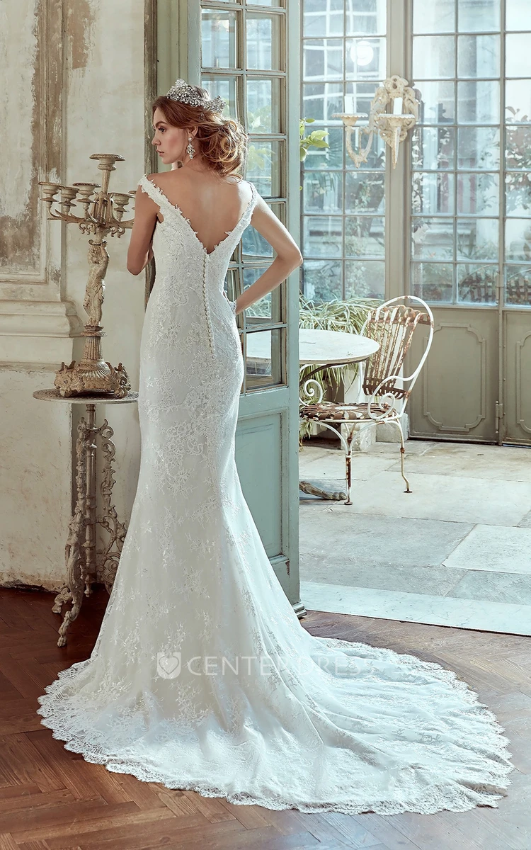Strap-Neck Sheath Wedding Dress With Low-V Back and Court Train 