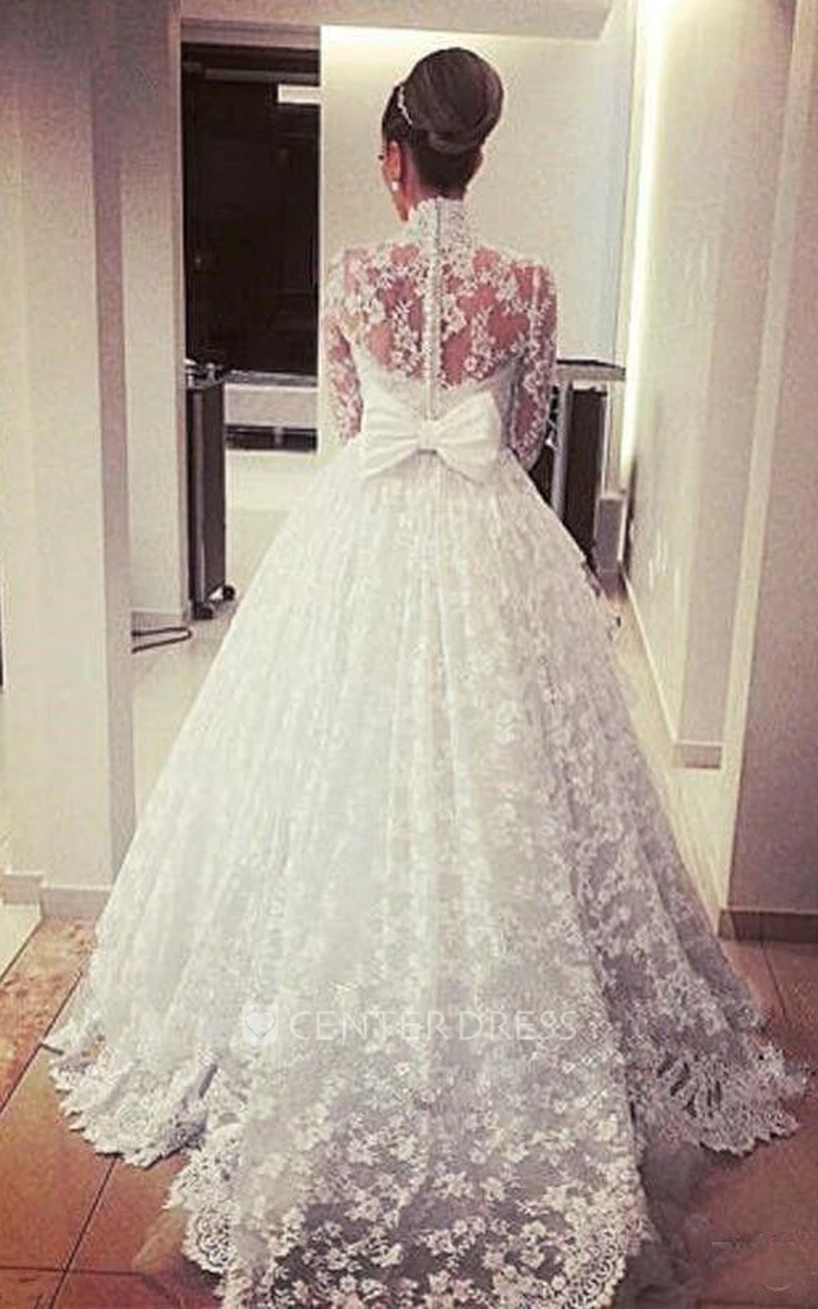 Ball Gown High Neck Lace Tulle Button Zipper Wedding Dress