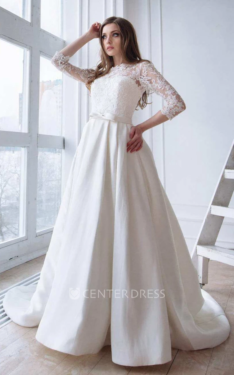 Scoop-Neck Lace 3/4 Length Sleeve A-Line Satin Wedding Dress With Corset Back