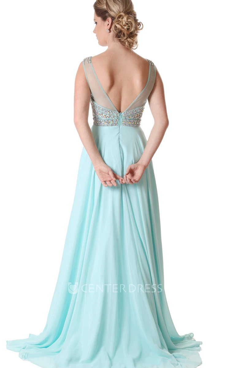 A-Line Floor-Length Jewel-Neck Beaded Sleeveless Chiffon Evening Dress With Pleats