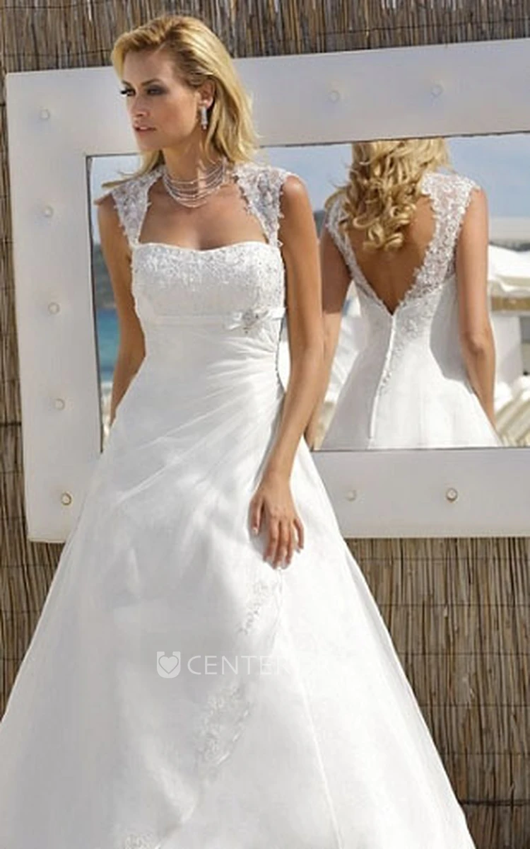 A-Line Appliqued Cap-Sleeve Maxi Tulle Wedding Dress With Waist Jewellery And Keyhole Back