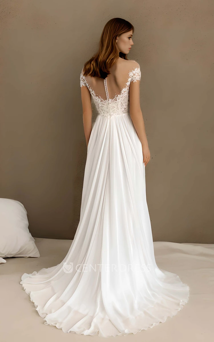 Elegant Flowy A-Line Lace off the Shoulder Boho Wedding Dress Modern Floral Lace Chiffon Bridal Gown
