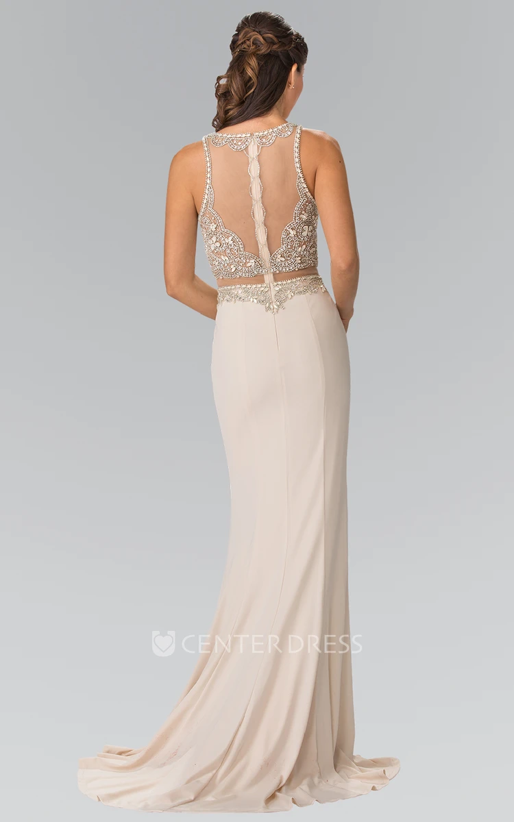 Sheath Scoop-Neck Sleeveless Jersey Illusion Dress With Crystal Detailing