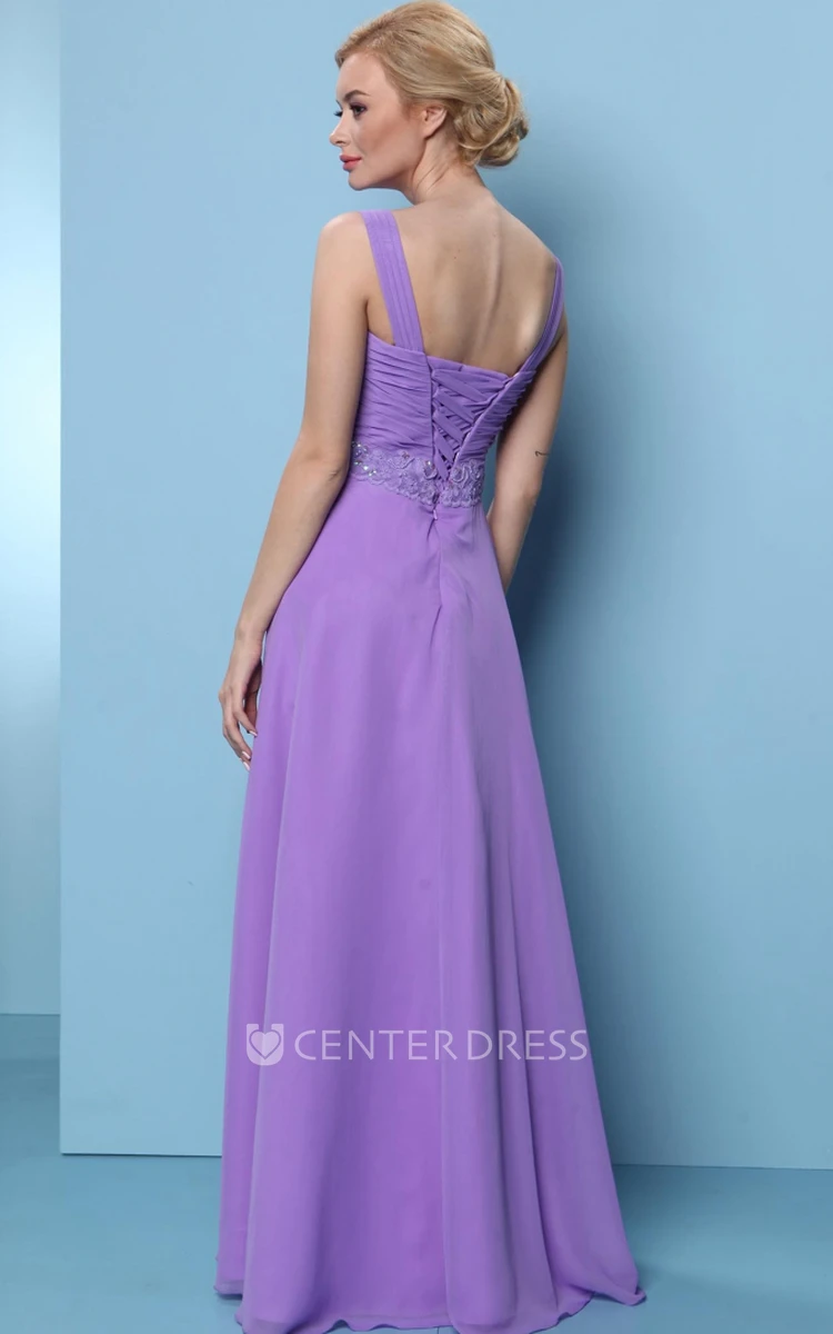 Sleeveless Appliqued Strapped Chiffon Bridesmaid Dress With Ruching And Lace-Up