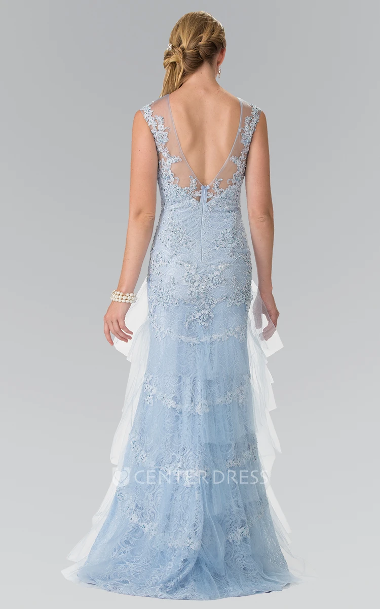 Sheath Maxi Scoop-Neck Sleeveless Tulle Lace Low-V Back Dress With Beading And Tiers