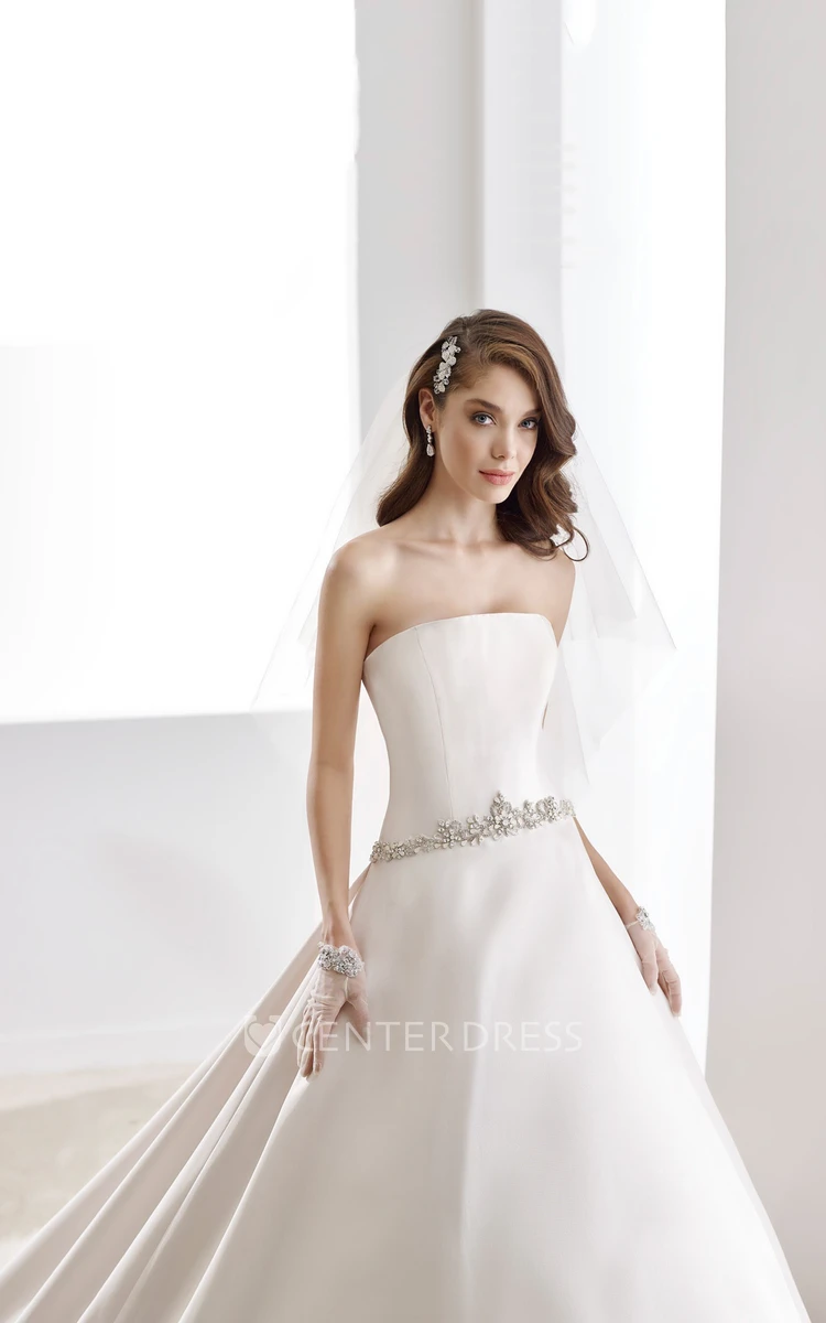 A-Line Satin Wedding Dress With Beaded Belt And Neckline And V Back