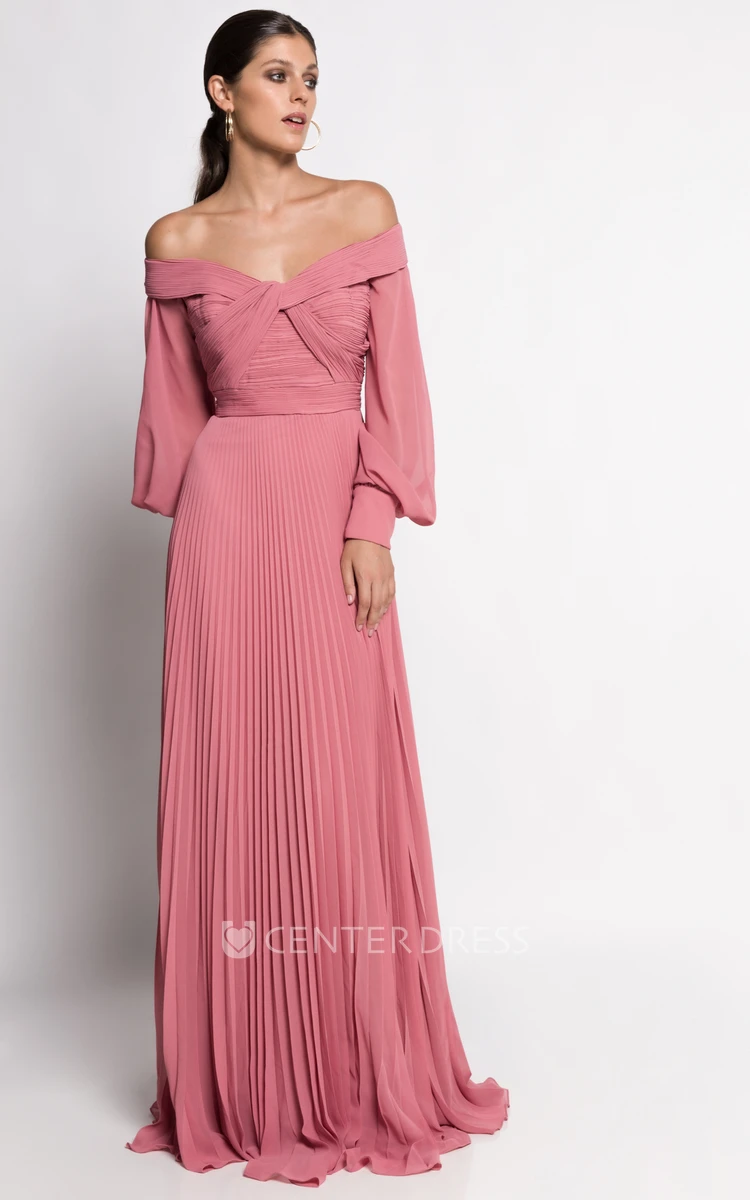 Off-the-shoulder A Line Chiffon Evening Dress with Pleats