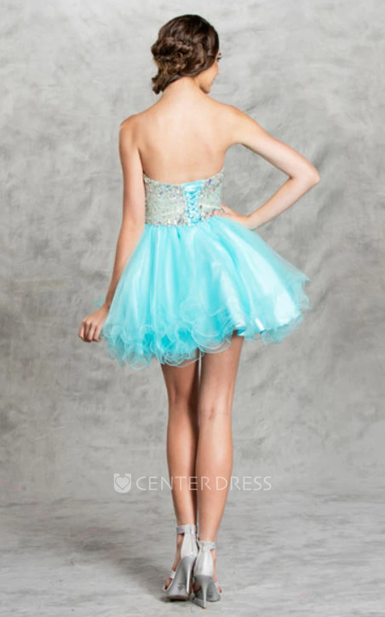 A-Line Mini Sweetheart Sleeveless Tulle Backless Dress With Beading And Ruffles