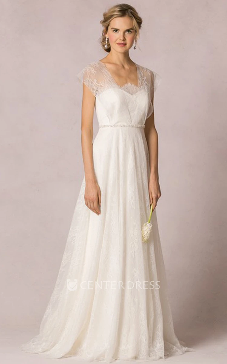 A-Line Jeweled Floor-Length Strapless Lace Wedding Dress