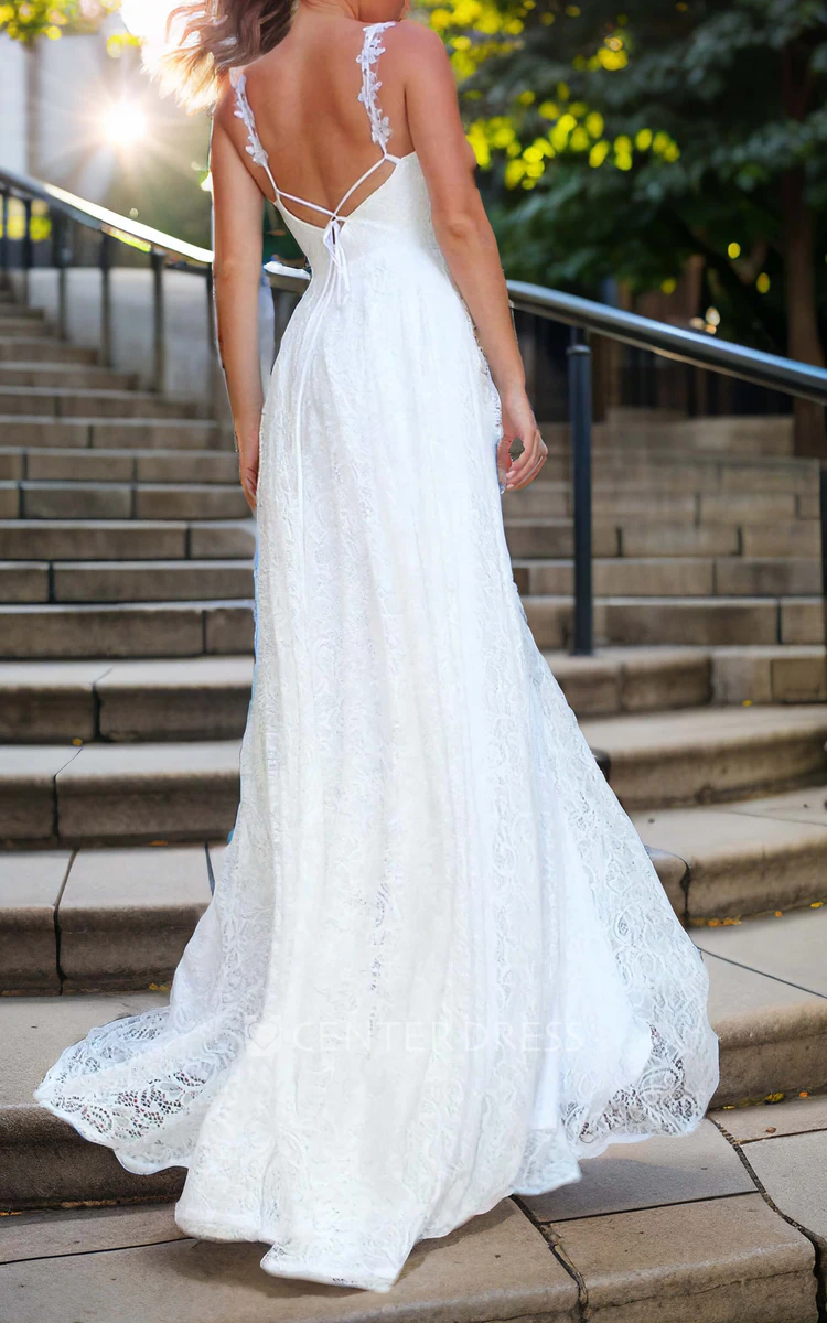 Boho Sleeveless Sexy Spaghetti Lace A-Line Floor-length Bride Wedding Dress