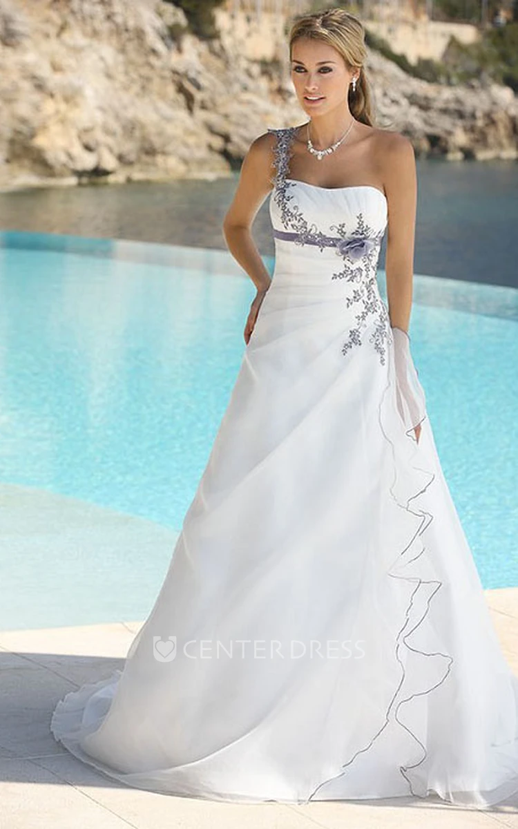 A-Line Long Sleeveless One-Shoulder Appliqued Satin Wedding Dress With Flower And Side Draping