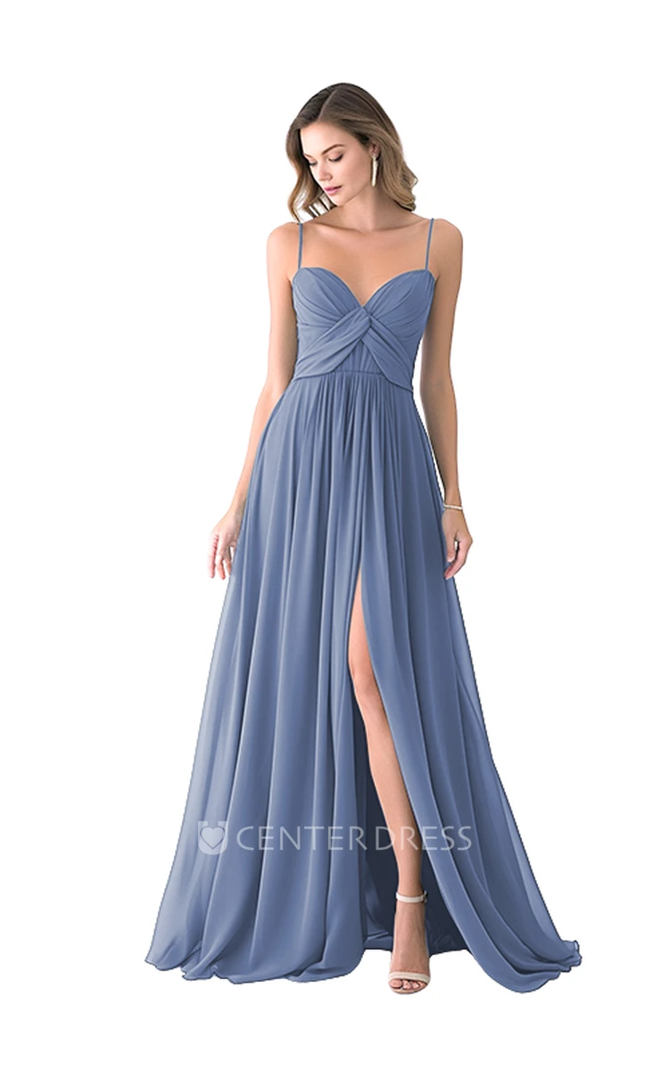 Satin Spaghetti Casual A-Line Bridesmaid Dress with Front Split