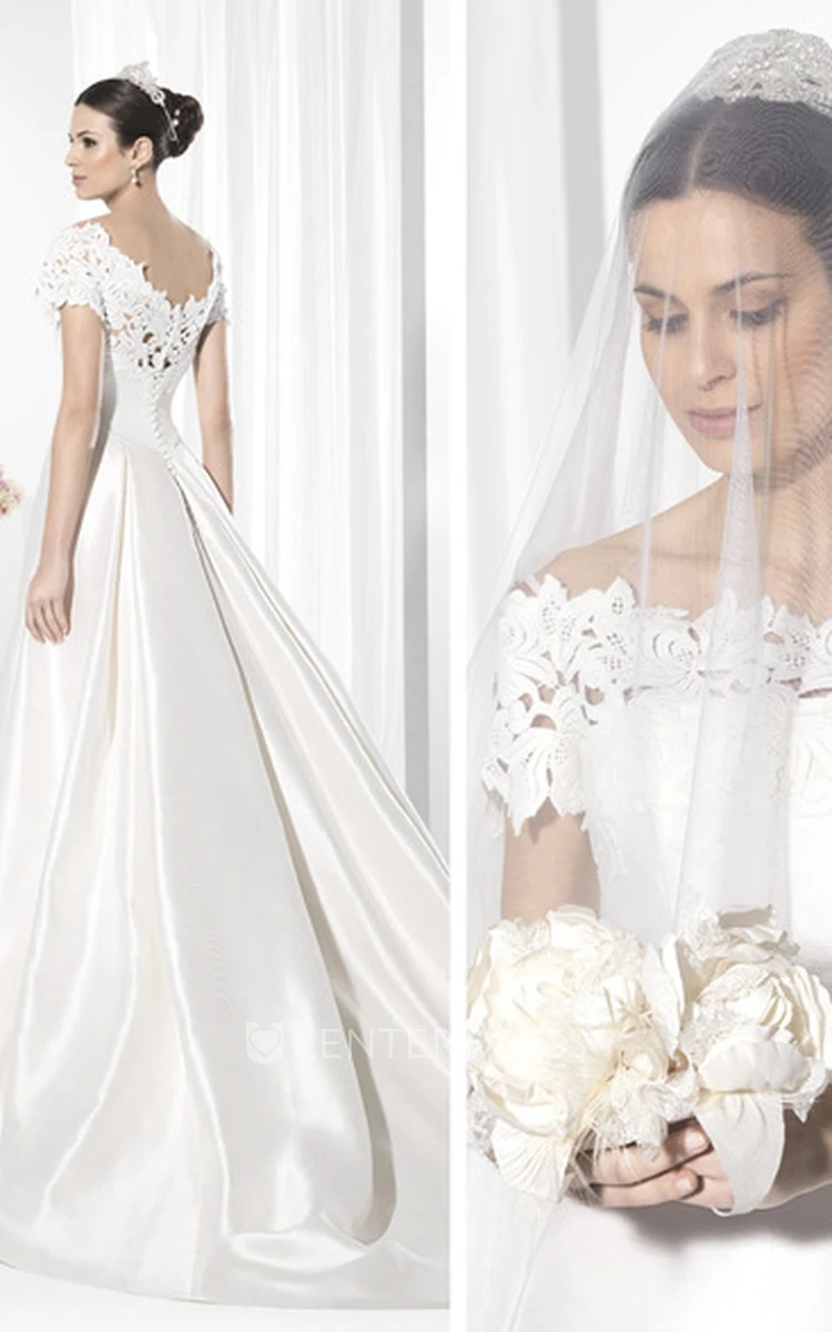 Bateau-Neck Short-Sleeve Satin Wedding Dress With Lace
