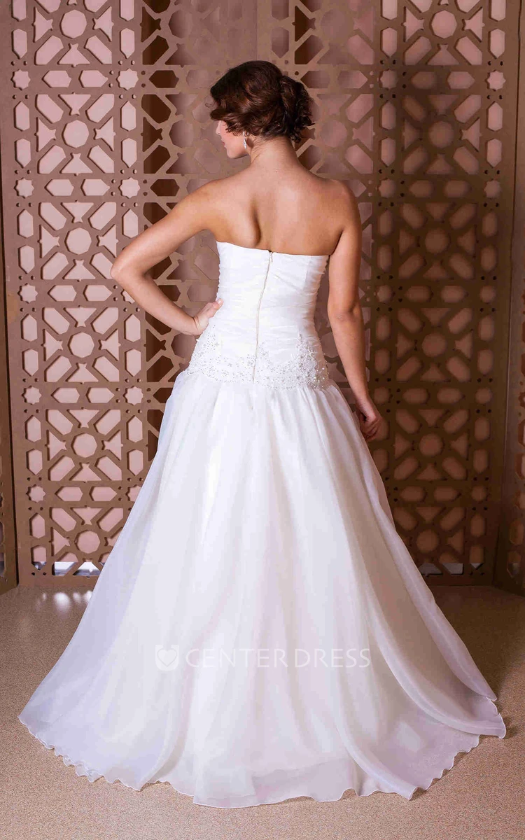 A-Line Maxi Strapless Organza Wedding Dress With Beading And Zipper