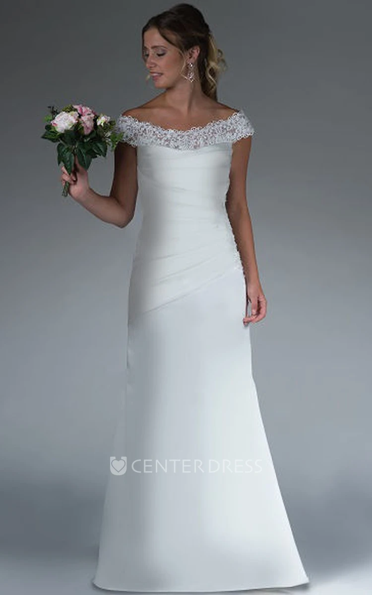 Lace Off Shoulder Sheath Satin Bridal Gown With Ruching