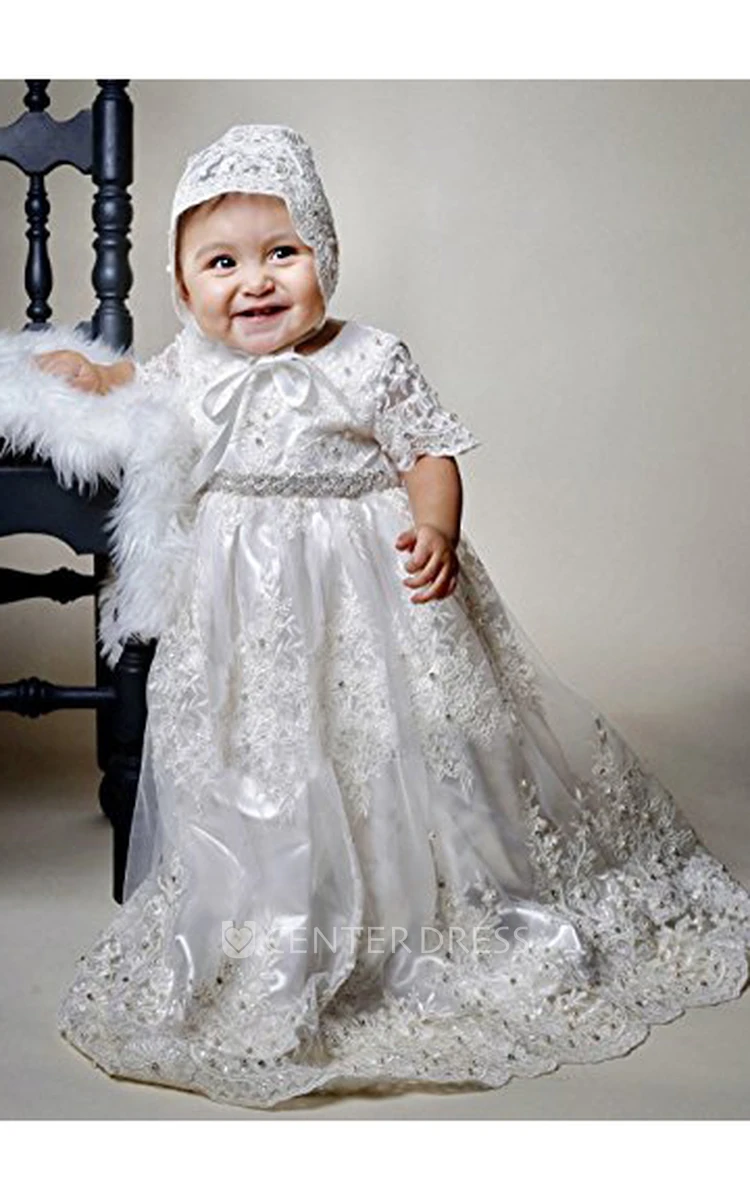 Charming Christening Dress With Lace Appliques And Beaded Belt