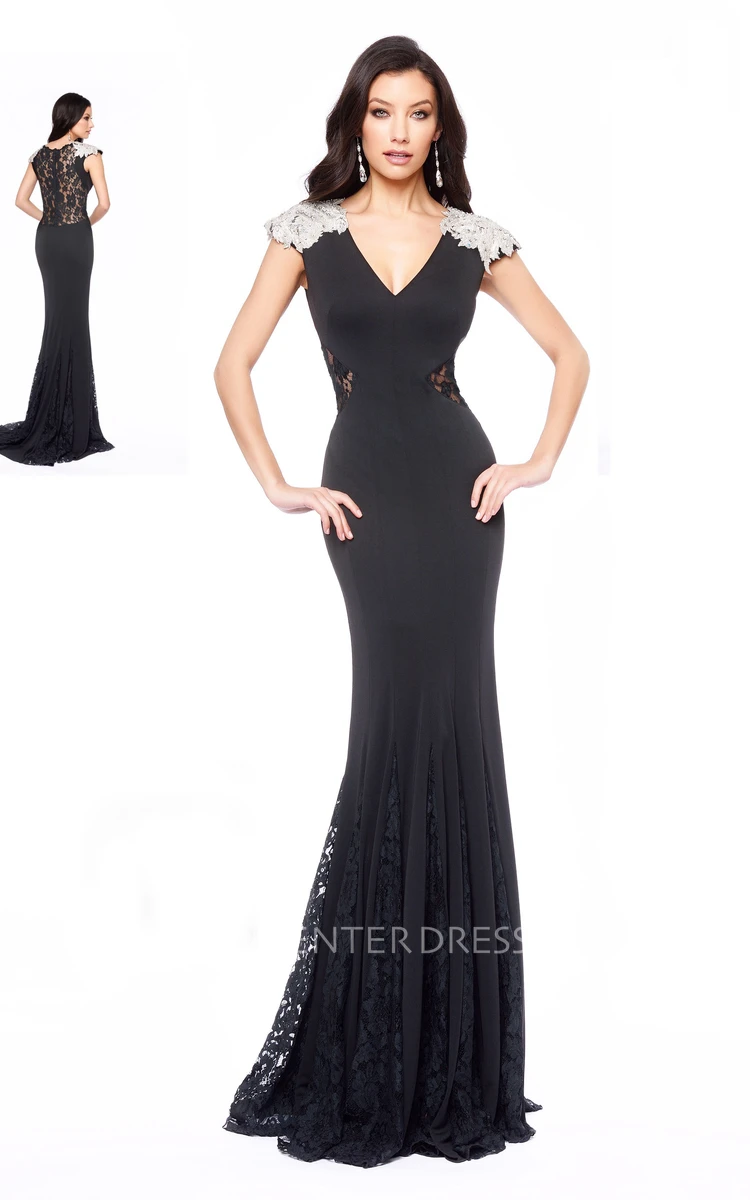 Sheath Long V-Neck Cap-Sleeve Jersey Illusion Dress With Lace And Pleats