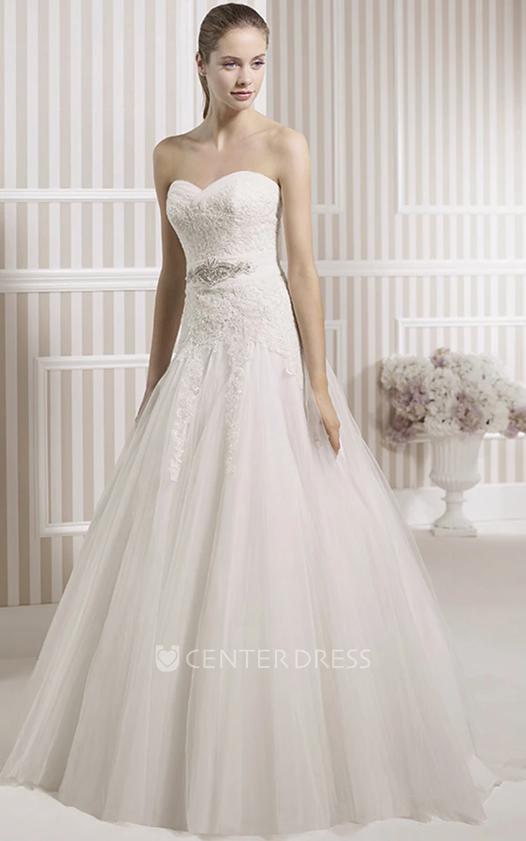 A-Line Jeweled Maxi Sweetheart Tulle Wedding Dress With Appliques And V Back