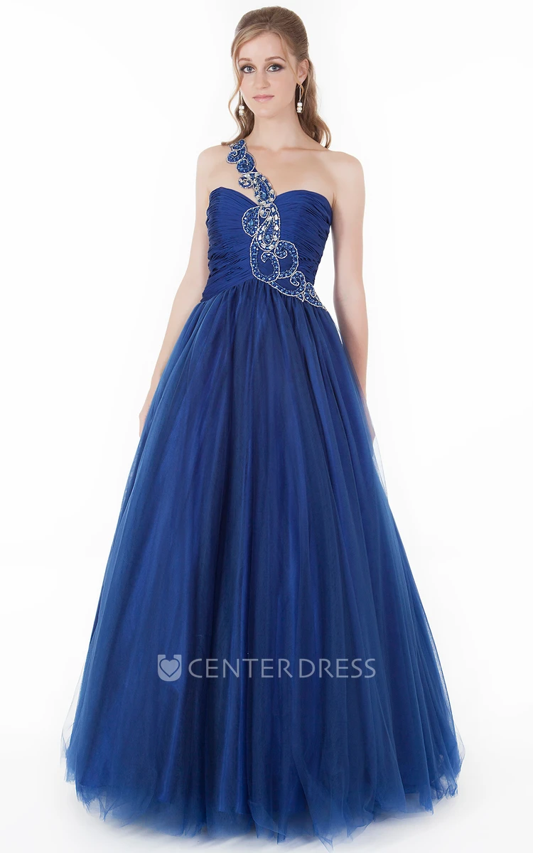 A-Line Long Beaded One-Shoulder Sleeveless Tulle Prom Dress With Pleats