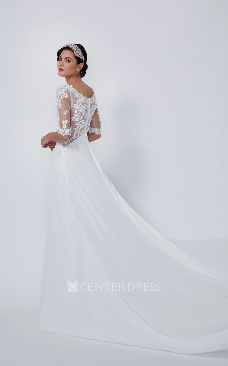 A-Line Appliqued Scoop-Neck Floor-Length Half-Sleeve Lace&Chiffon Wedding Dress