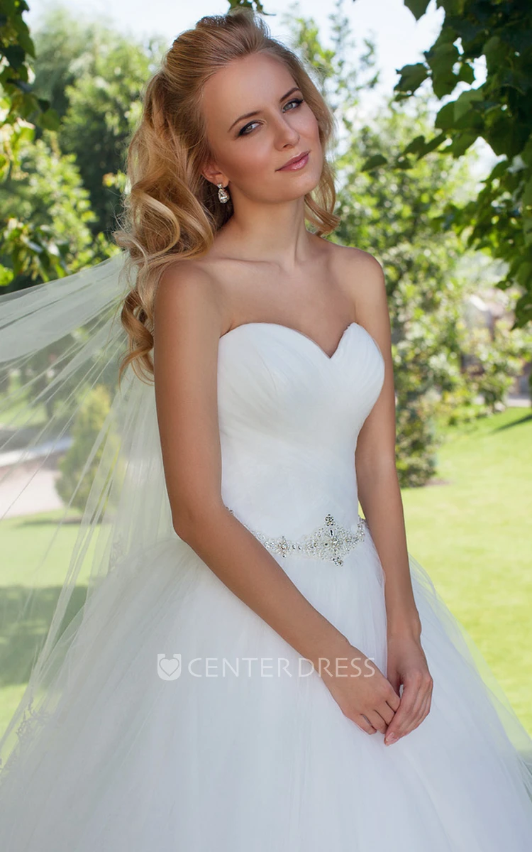 Sweetheart Long Criss-Cross Jeweled Tulle Wedding Dress